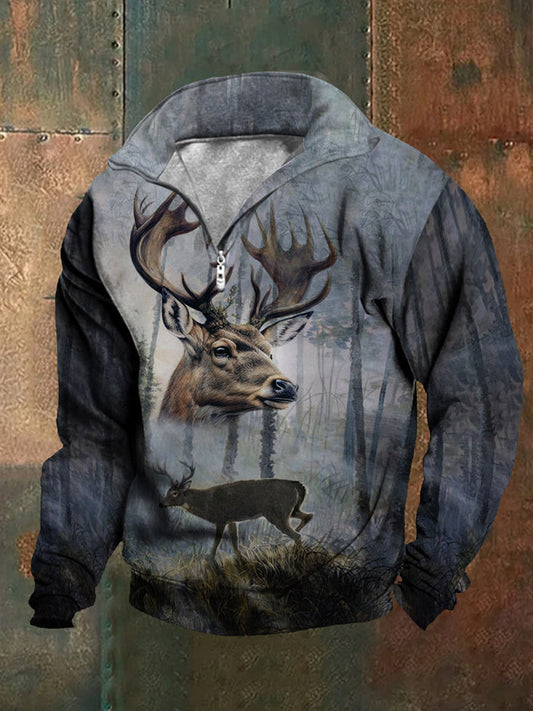 Men's Vintage Elk Print Zip Sweatshirt