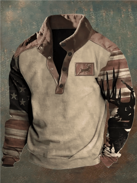 Men's Western Vintage Elk Design Stand Collar Button Sweatshirt