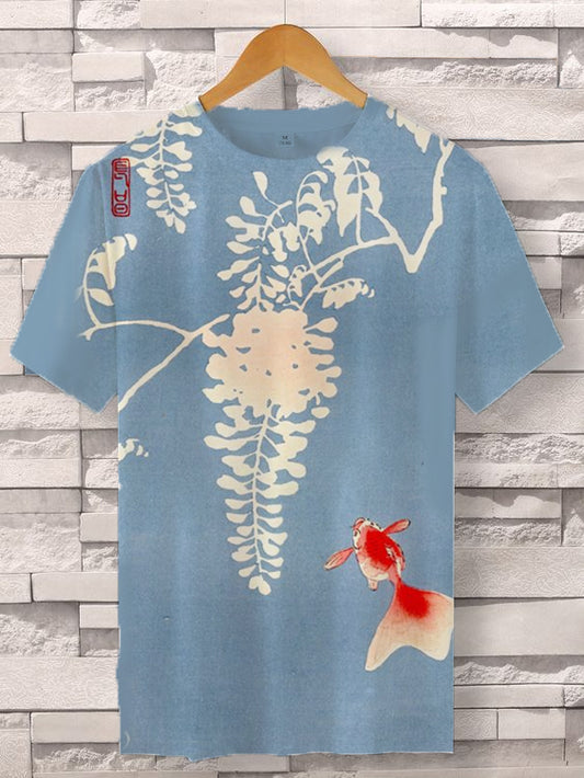 Men's Long Fantail Goldfish Floral Pattern Print Cozy T-Shirt