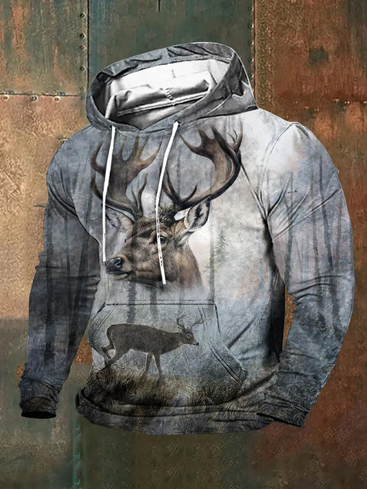Men's Vintage Western Elk Print Hooded Sweatshirt