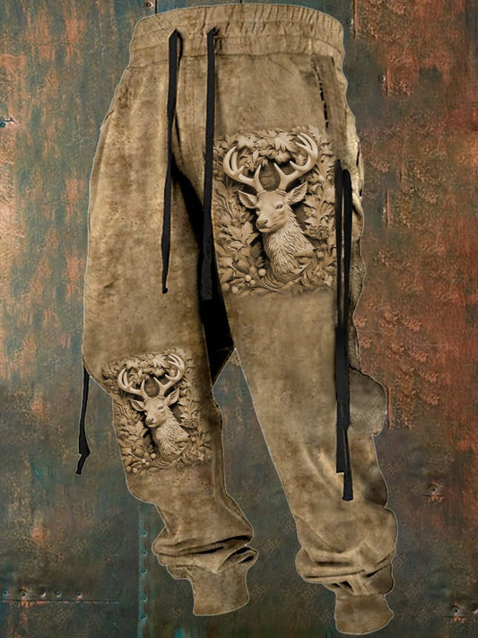 Men's Retro 3D Elk Print Sweatpants