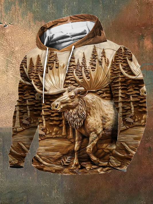 Men's Retro Western 3D Moose Print Hooded Sweatshirt