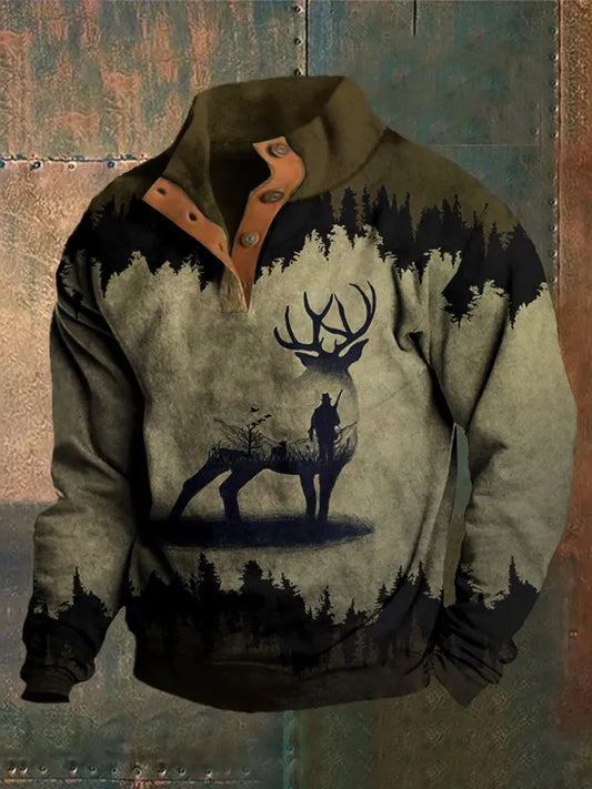 Men's Western Gradient Reindeer Print Stand Collar Button Sweatshirt