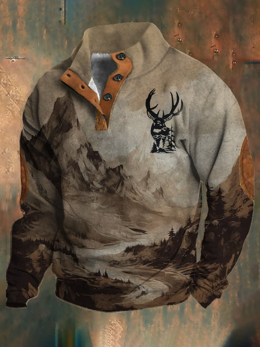 Men's Retro Casual Elk Forest Print Button Sweatshirt