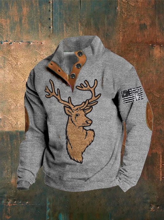 Men's Retro Casual Elk Print Button Sweatshirt