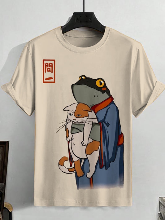 Men's Retro Japan Frog In Kimono And Unhappy Cat Print T-Shirt