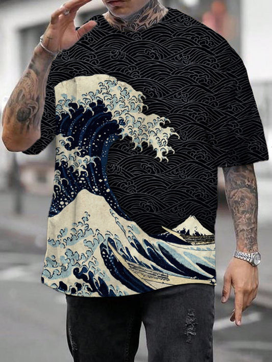 Men's Sea Wave Fuji Mountain Art Print Casual Short Sleeve T-Shirt