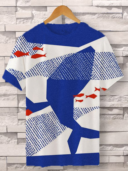 Men's Sea Whale Fish School Print Color Block Art Cozy T-Shirt