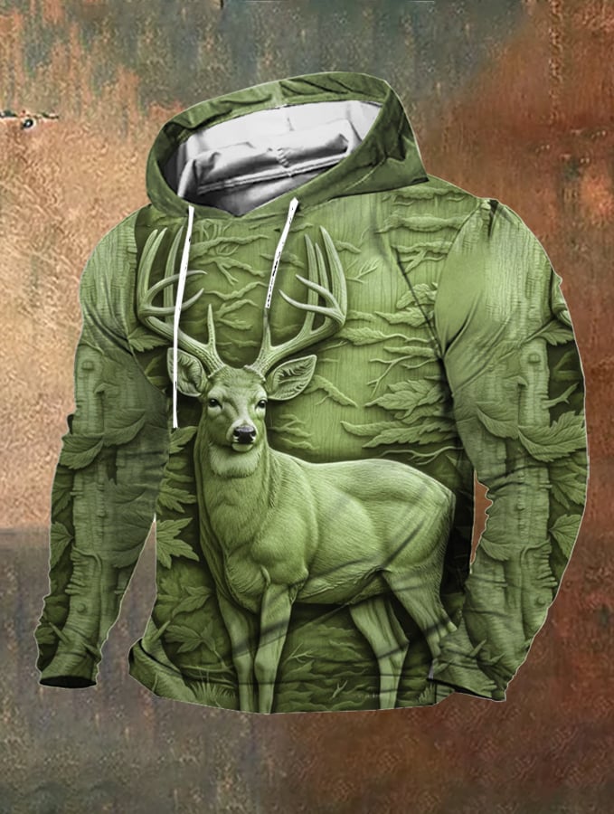 Men's Retro Outdoor 3D Engraved Deer Hunting Print Hooded Sweatshirt