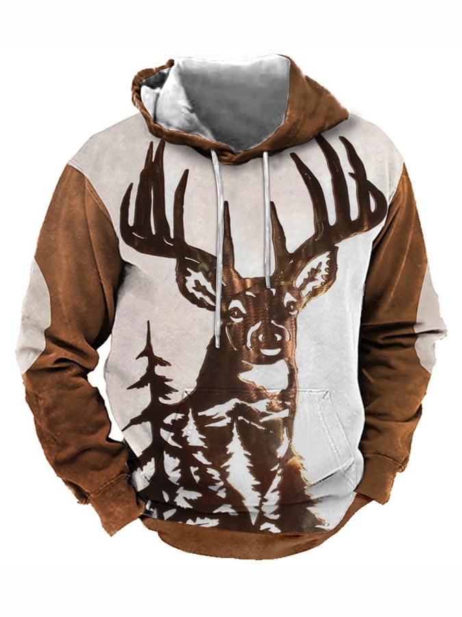Men's Retro Three-Dimensional Engraved Elk Print Hooded Sweatshirt