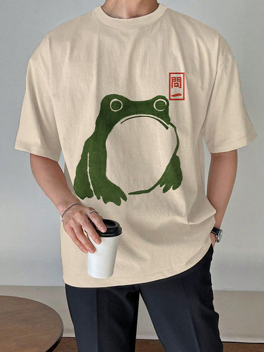 Men's Frog Japanese Lino Art Painting Kanji Print Casual T-Shirt