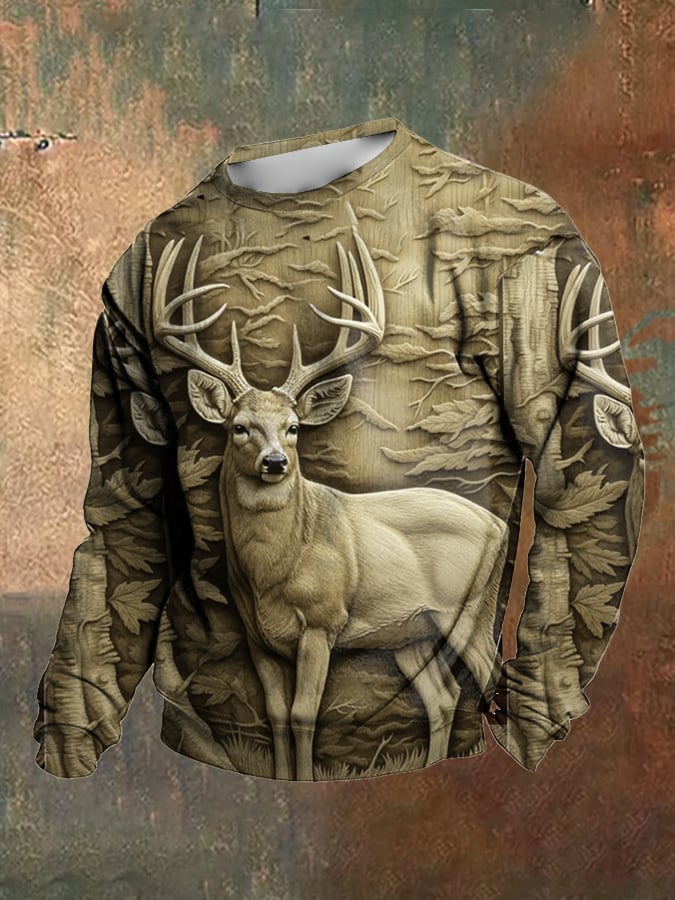 Men's Retro Western 3D Deer Pattern Print Crew Neck Sweatshirt