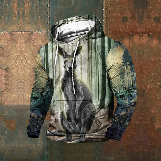 Men's Vintage Forest Kangaroo Print Hooded Sweatshirt