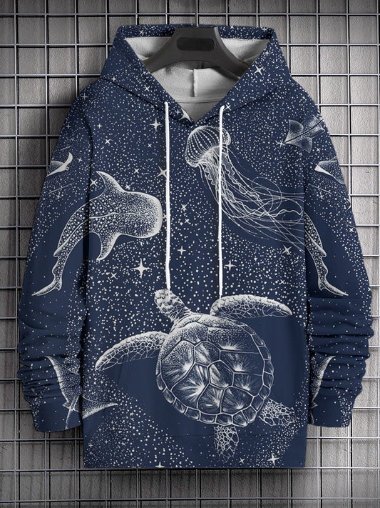 Men's Turtle and Jellyfish Art Print Long Sleeve Hoodie