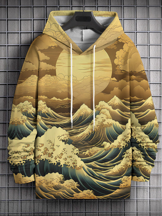 Men's Gold Ocean Japanese Art Print Long Sleeve Hoodie