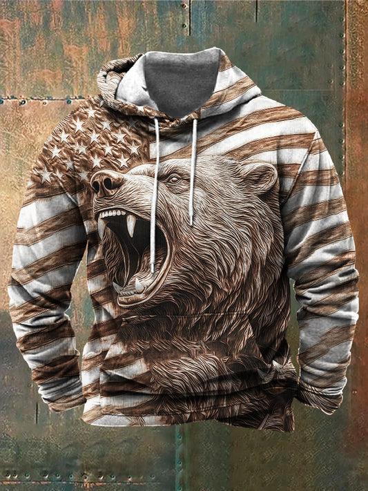 Men's Wood Carved Flag Bear Print Hoodie
