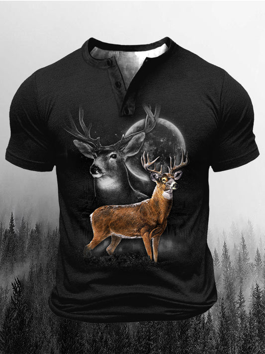 Men's Vintage Outdoor Deer Hunting Open Button Short Sleeve T-Shirt