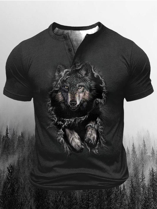Men's Casual Wolf Outdoor Button Down Short Sleeve T-Shirt