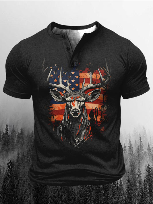 Men's Vintage American Flag Deer Hunt Button Short Sleeve T-Shirt
