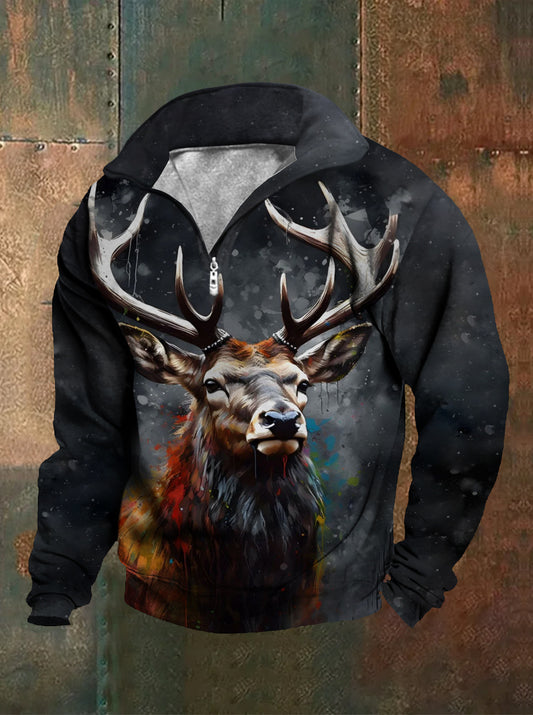 Men's Outdoor Paint Deer Print Zip Long Sleeve Sweatshirt