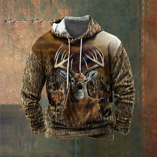 Men's Vintage Hunting Forest Deer 3D Print Hooded Sweatshirt