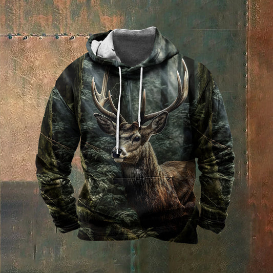 Men's Vintage Hunting Green Forest Deer 3D Print Hooded Sweatshirt