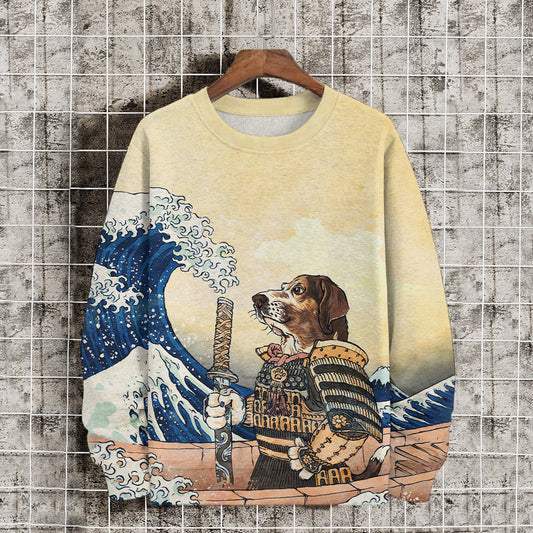 Men's Ukiyo-e Samurai Dog Print Casual Sweatshirt