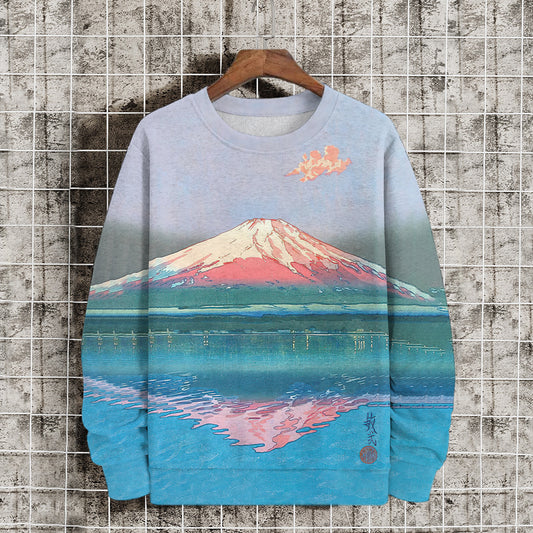 Men's Ukiyo-e Japanese Style Mount Fuji Landscape Print Casual Sweatshirt