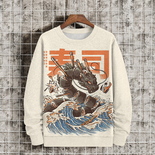 Men's Ukiyoe Japanese Style Sushi Dragon Print Casual Sweatshirt
