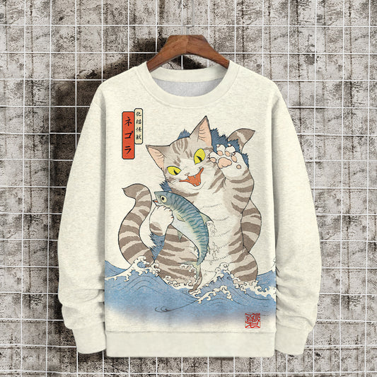 Men's Ukiyo-e Japanese Style Fish-Eating Cat Print Casual Sweatshirt