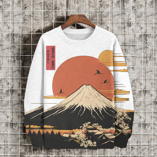Men's Ukiyoe Japanese Style Mount Fuji Print Casual Sweatshirt