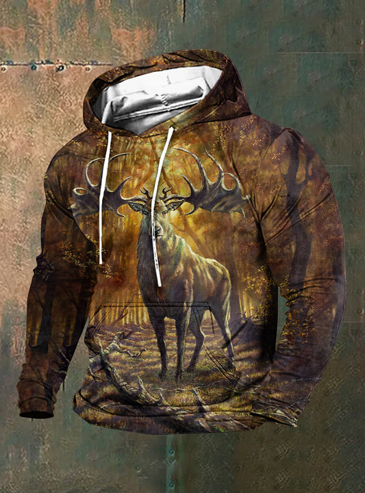 Men's Vintage Hunting Forest Elk 3D Print Hooded Sweatshirt