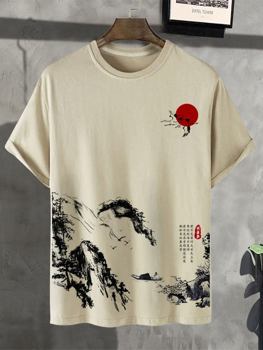 Men's Vintage Art Landscape Flying Crane Print Cozy T-Shirt