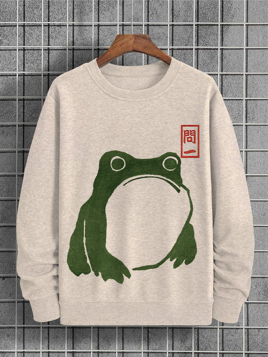 Men's Cute Frog Japanese Lino Art Painting Printed Sweatshirt