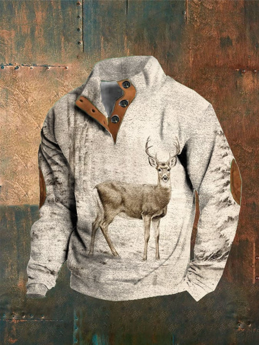 Men's Retro Casual Winter Elk Forest Print Button Sweatshirt 