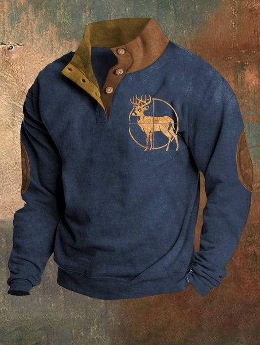2024 Men's Western Retro Color Block Hunting Pattern Print Stand Collar Sweatshirt