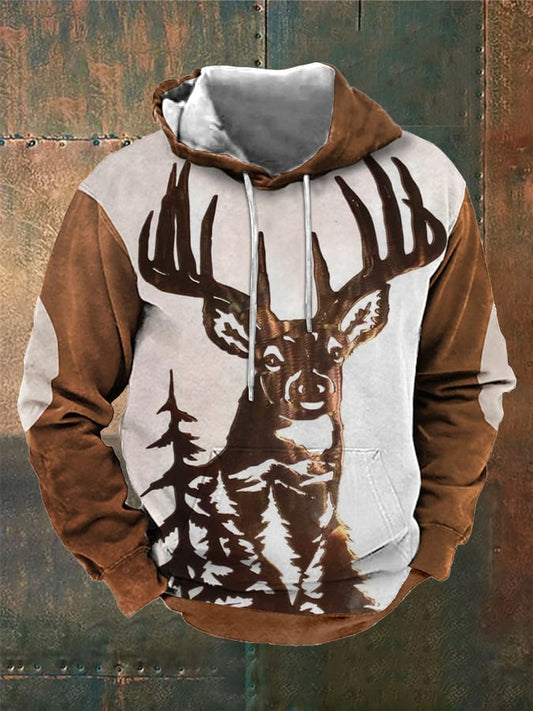 Men's Retro Three-Dimensional Engraved Elk Print Hooded Sweatshirt