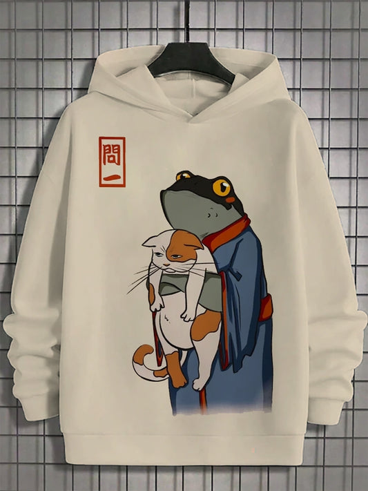 Men's Funny Frog In Japan Kimono Hold A Cat Printed Hoodie