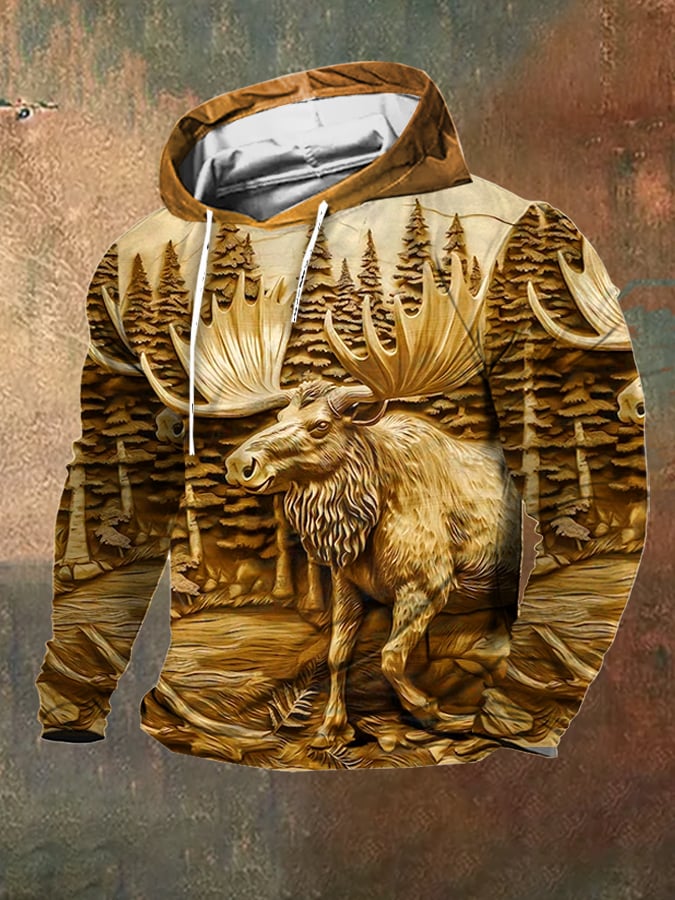 Men's Retro Western 3D Moose Print Hooded Sweatshirt