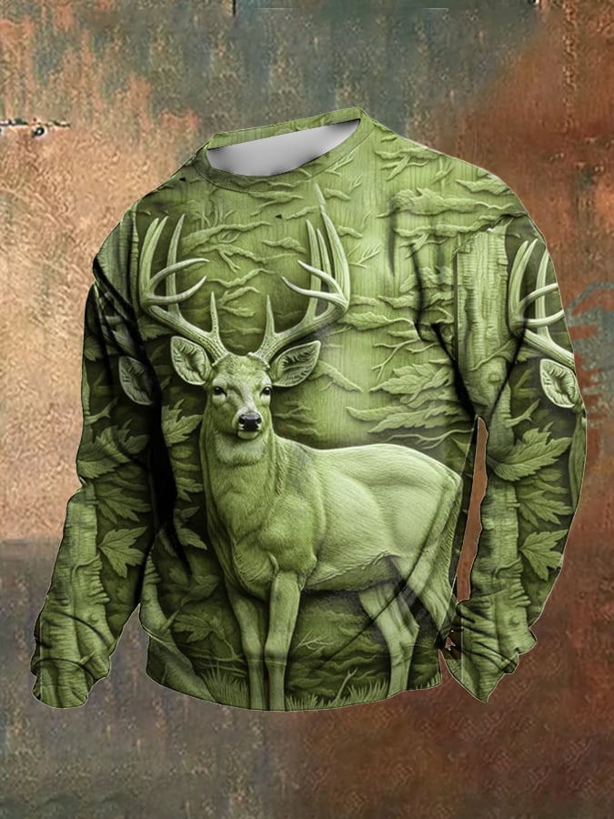 Men's Retro Western 3D Deer Pattern Print Crew Neck Sweatshirt