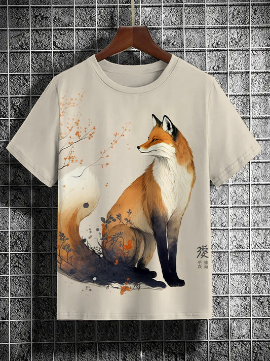 Men's Retro Fox Floral Japanese Art Illustration Print T-Shirt