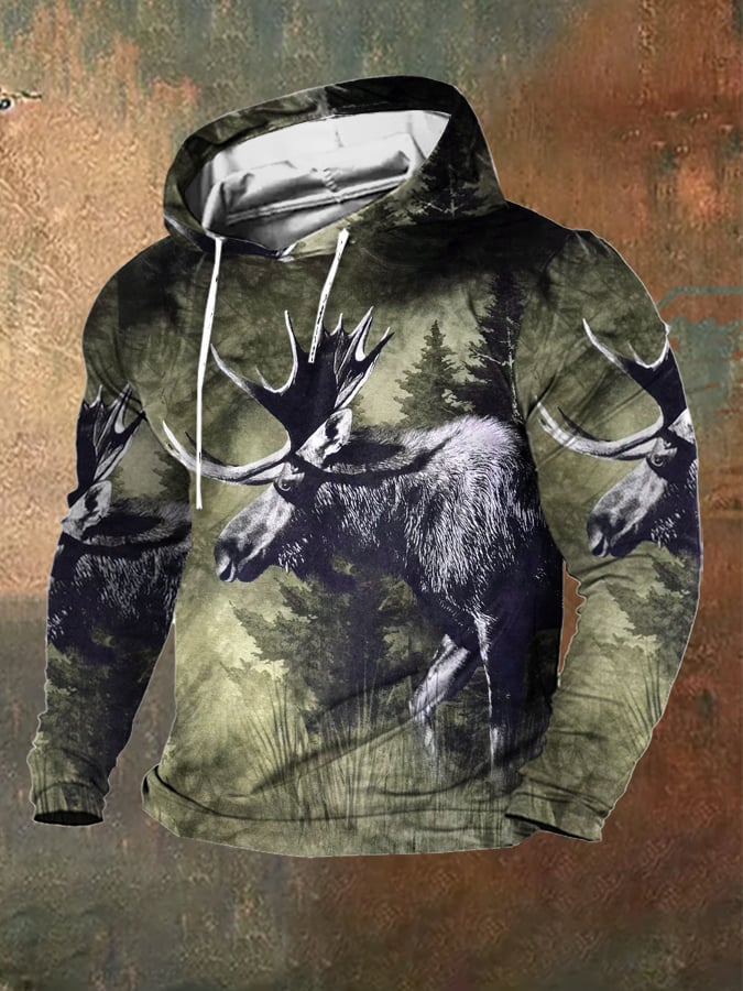 Men's Vintage Western Forest Moose Print Hooded Sweatshirt