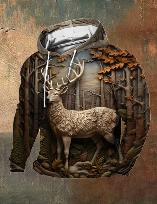 Men's Western 3D Three-Dimensional Embossed Deer Print Hooded&Sweatshirt