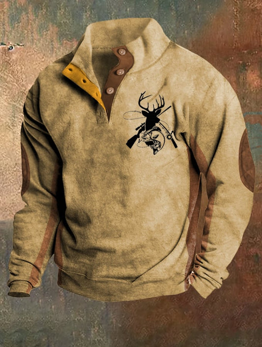2024 Men's Western Retro Hunting and Fishing Enthusiast Graphic Print Stand Collar Sweatshirt