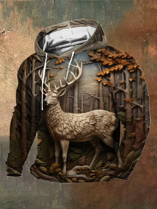 Men's Western 3D Three-Dimensional Embossed Deer Print Hooded&Sweatshirt